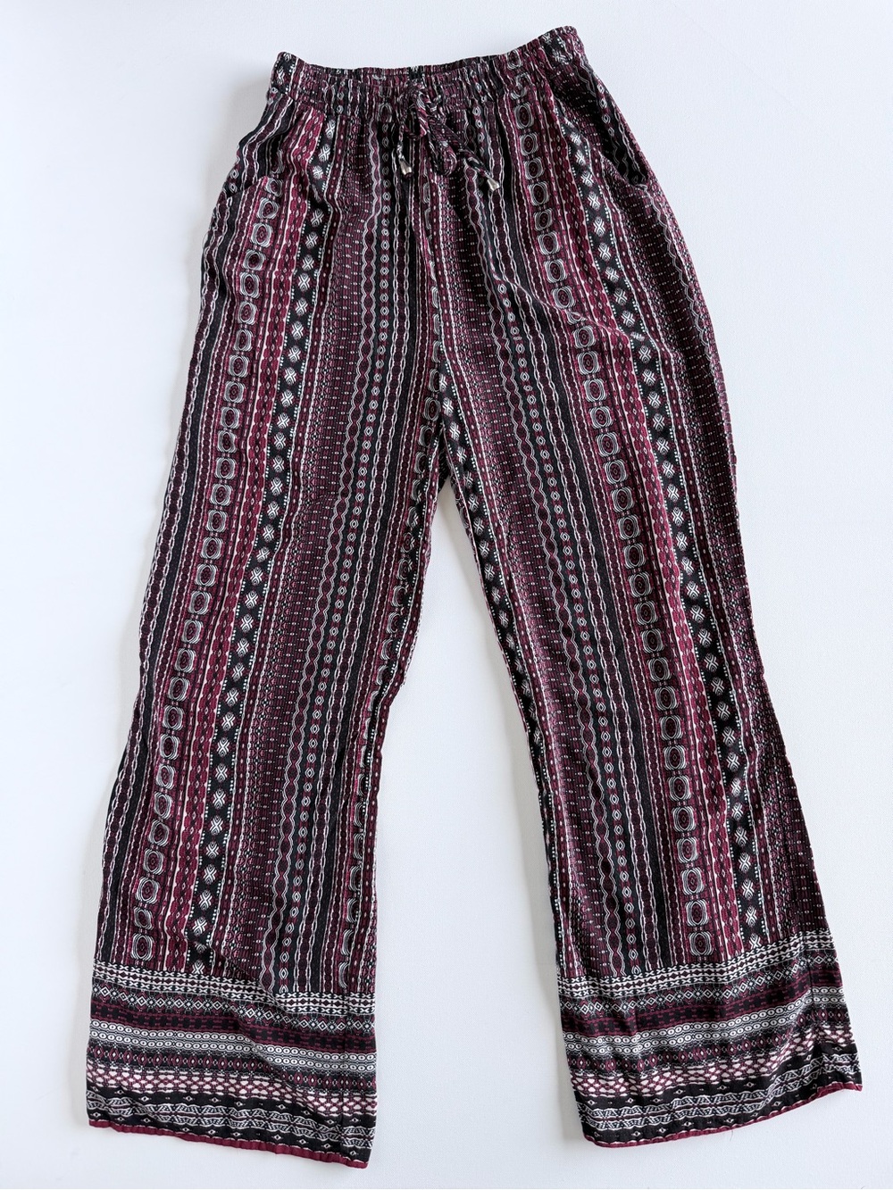 Love Wish Boho Wide Leg Pants M Fits S Maroon Black Rayon Drawstring